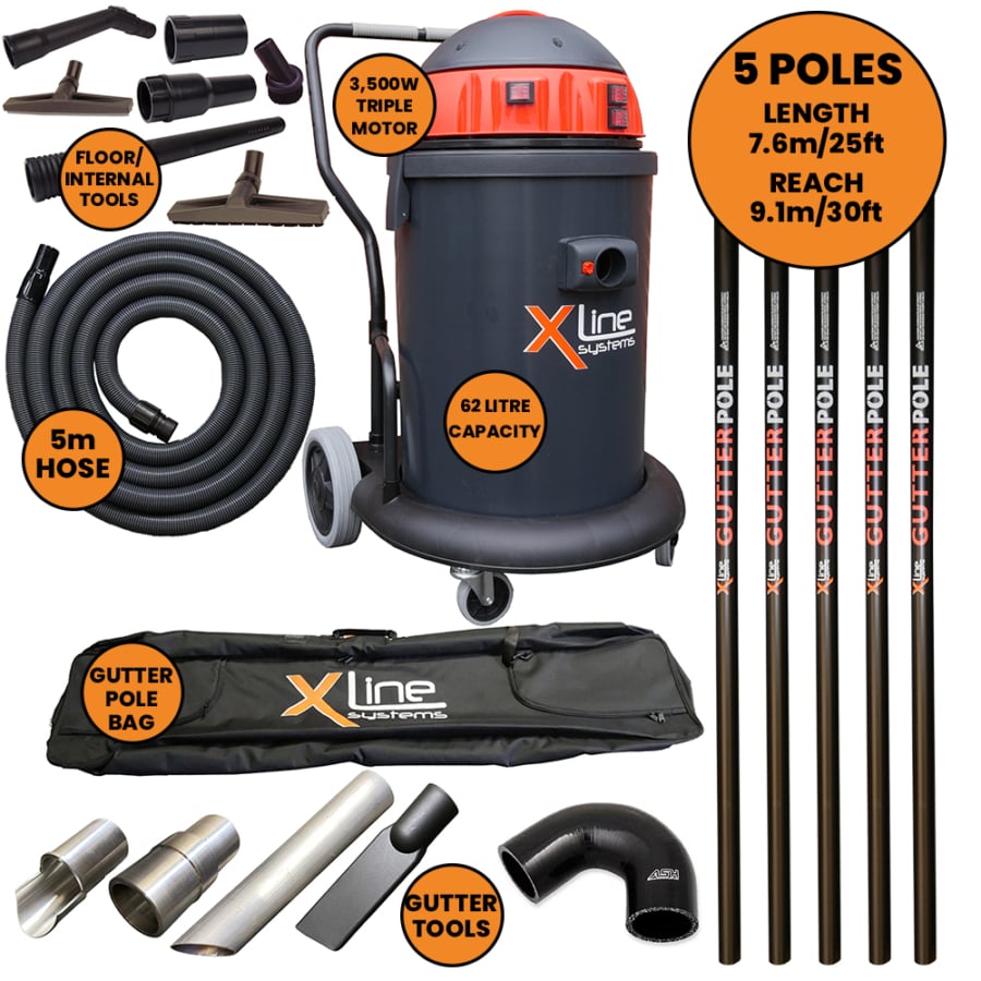 Xline 3500w Gutter Vacuum + 25ft (7.6m) Carbon Poles Complete Package