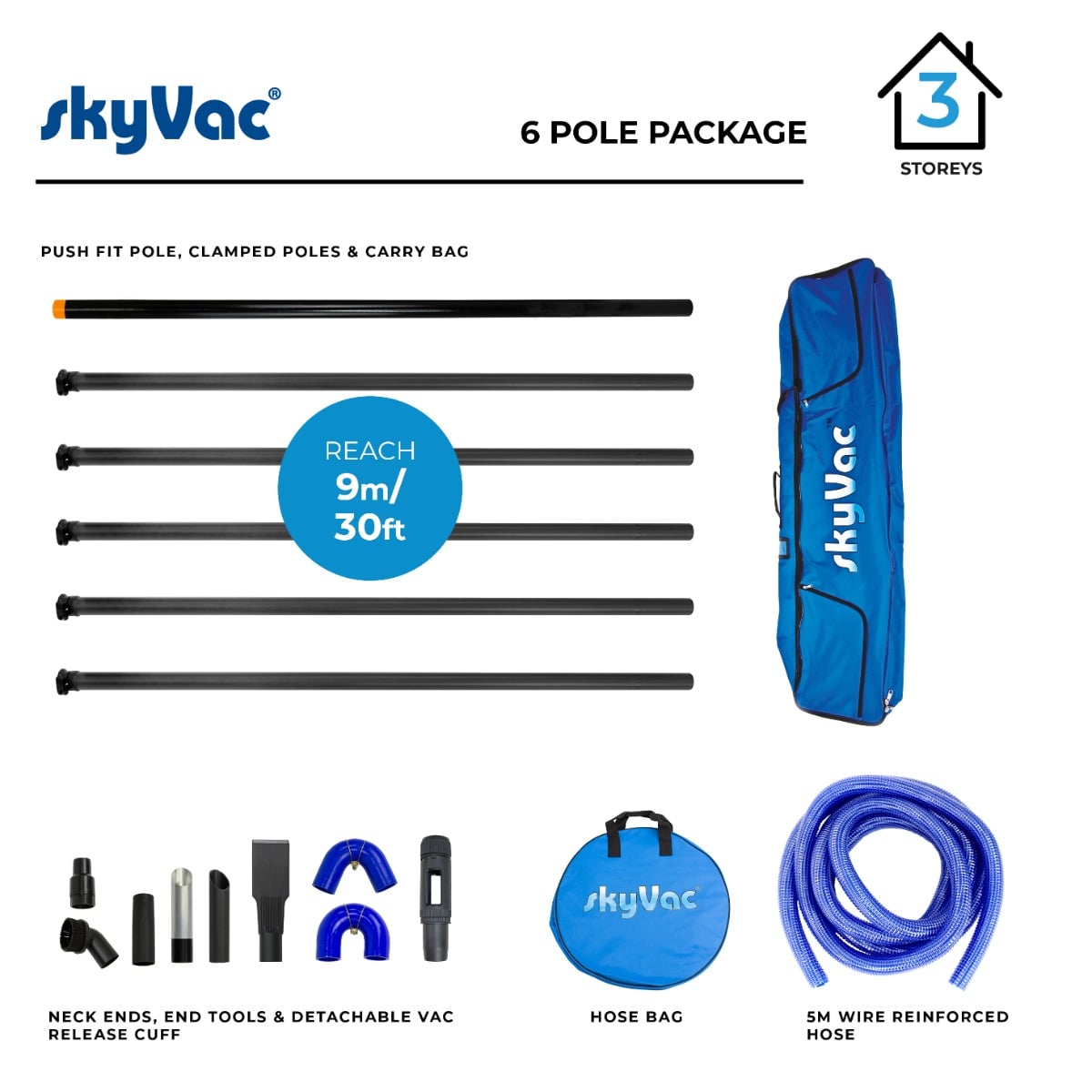 skyVac Premium Clamped Poles - 6x Poles - External Suction Pole Set
